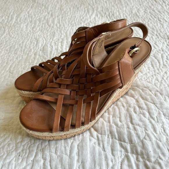 Franco Sarto Womens Wedge Espadrilles Sandals Tan Leather Ankle Straps US Size 8 - Picture 1 of 8